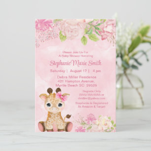Invitation Bébé mignonne Giraffe Baby shower floral rose rose