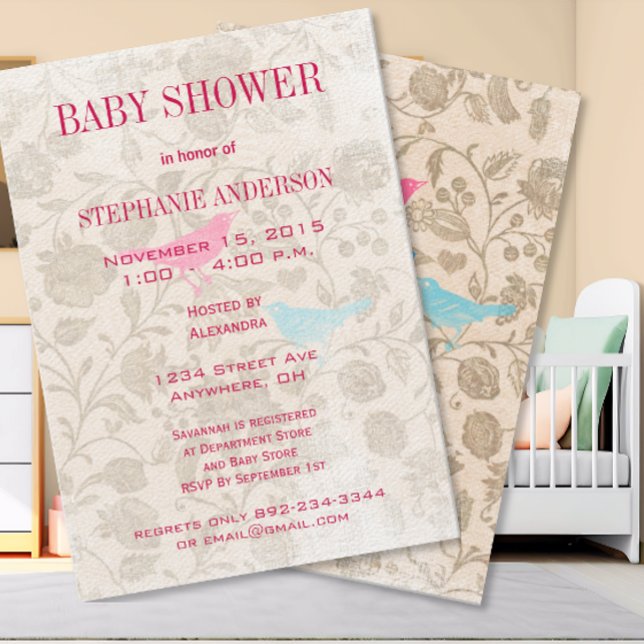 Invitation Bébé Moderne Oiseaux Vintage Douche Aqua Rose (Créateur téléchargé)