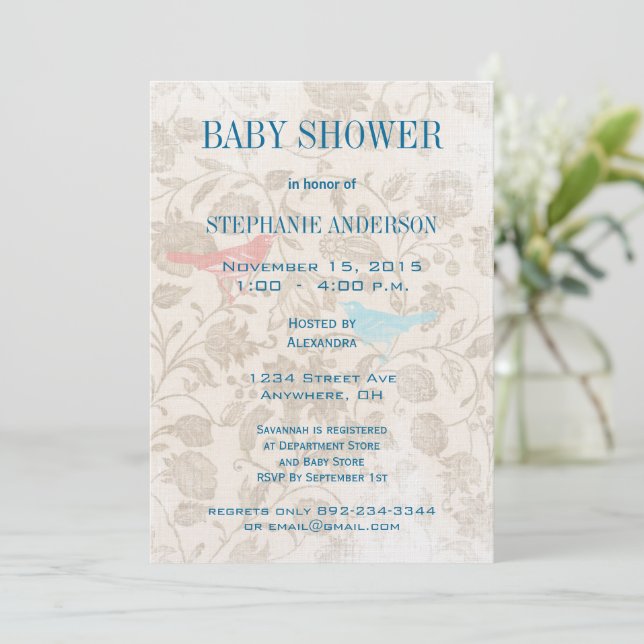 Invitation Bébé moderne Vintage Oiseaux Douche Aqua Blue (Debout devant)