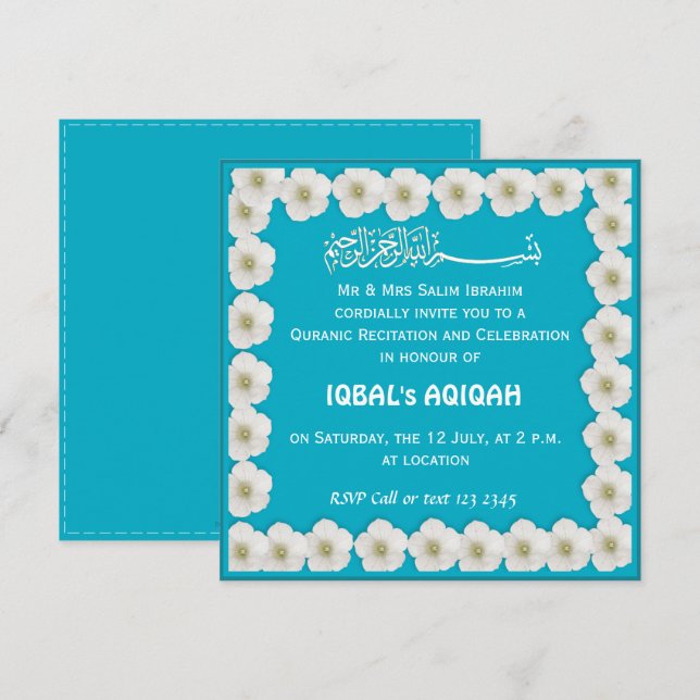 Invitation Bébé musulman garçon bleu Aqiqah (Devant / Derrière)