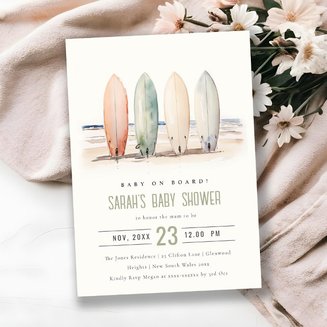 Invitation Bébé neutre à bord Baby shower de surf (Créateur téléchargé)