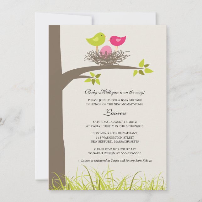 Invitation Bébé Nid Bébé Bébé Fille Douche (Devant)