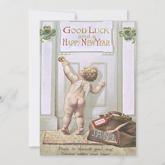 Invitation Bébé Nouvel An Cherub Angel Four Leaf Clover (Devant)