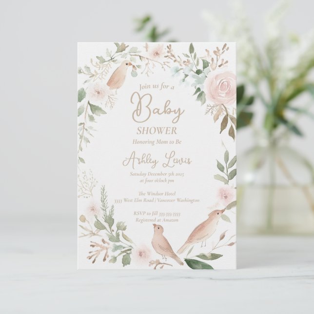 Invitation Bébé oiseau à l'aquarelle feuilles florales shower (Debout devant)