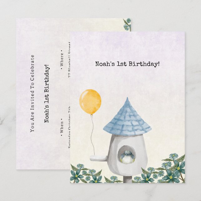 Invitation Bébé Oiseau Mignon Avec Ballon Jaune (Devant / Derrière)