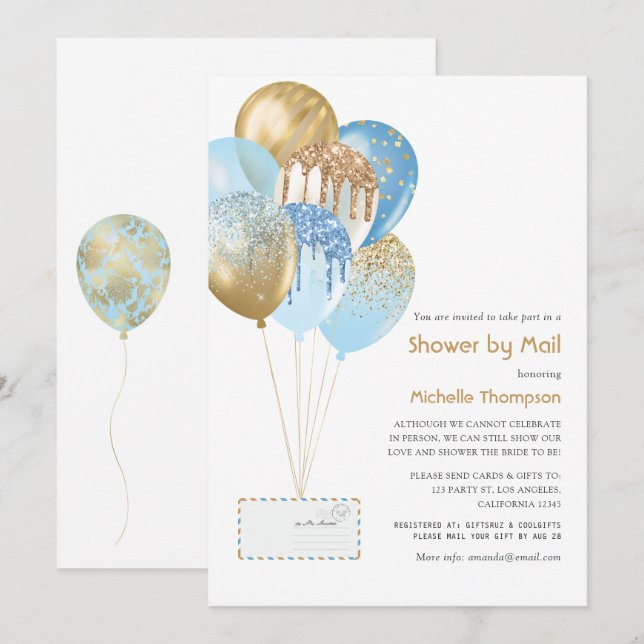 Invitation Bébé Or et Bleu ou Baby Shower par courrier (Devant / Derrière)