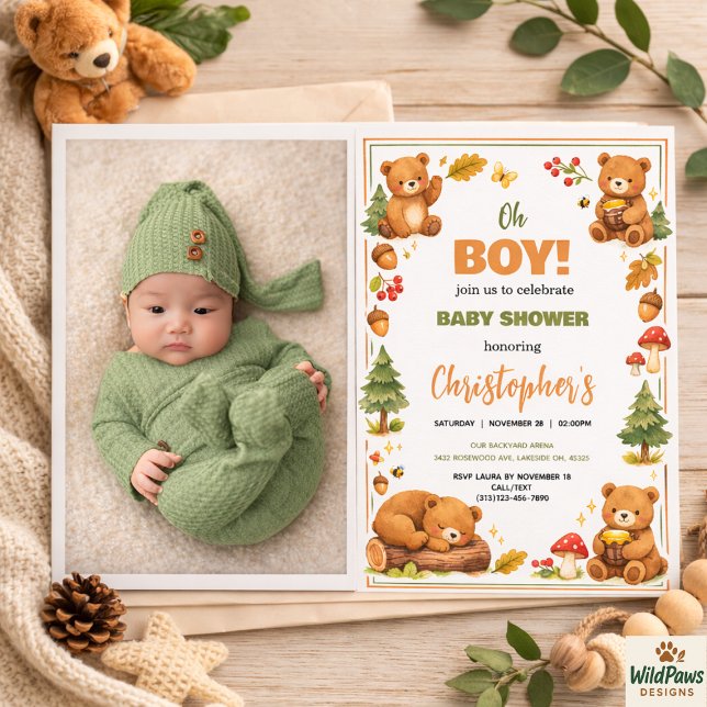 Invitation Bébé Ours de la Forêt Aquarelle Shower (Oh Boy Watercolor Woodland Bear Baby Shower Invitation)