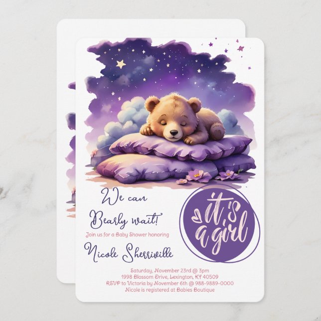 Invitation Bébé ours dormant violet Galaxy Baby shower fille (Devant / Derrière)
