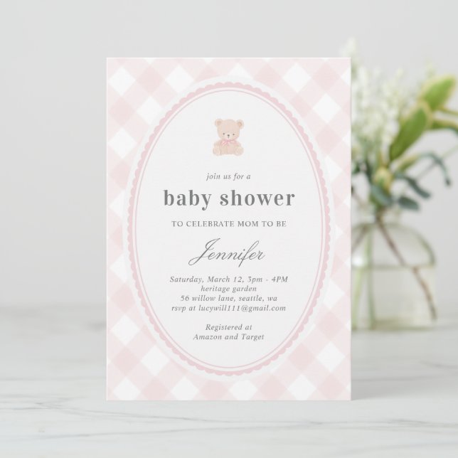 Invitation Bébé ours en peluche Baby shower_Rose  (Debout devant)