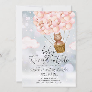 Invitation Bébé ours en peluche rose hiver Baby Shower