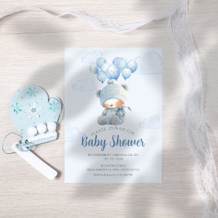 Invitation Bébé Ours Sommeil Baby shower Ballons Bleus mou