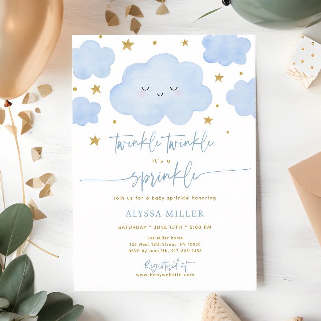 Invitation Bébé Paillettes Nuage Étoile Scintillante Bleue (Créateur téléchargé)