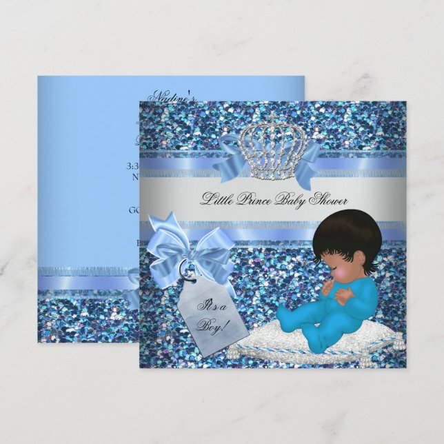 Invitation Bébé paillettes Shower Garçon Bleu Petit Prince Co (Devant / Derrière)