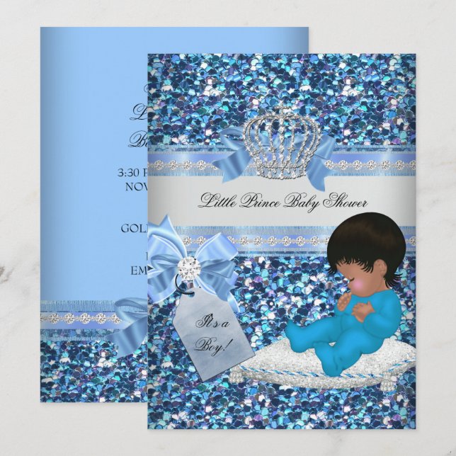 Invitation Bébé paillettes Shower Garçon Bleu Petit Prince Co (Devant / Derrière)
