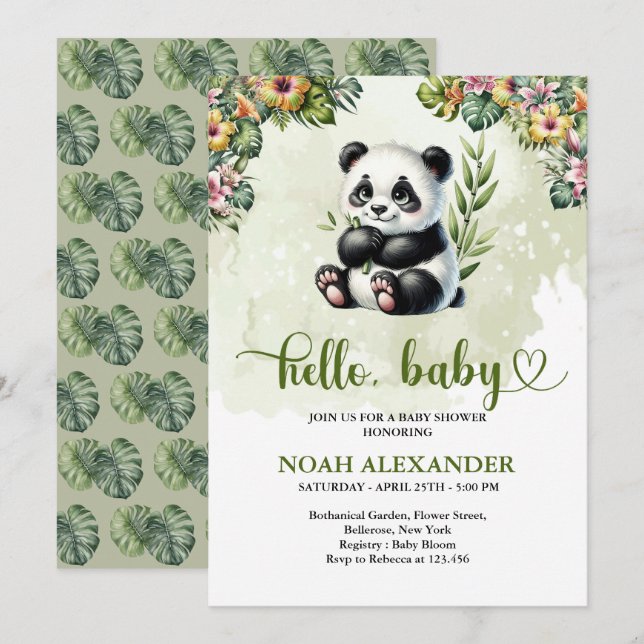 Invitation Bébé panda fleurs tropicales aquarelle (Devant / Derrière)
