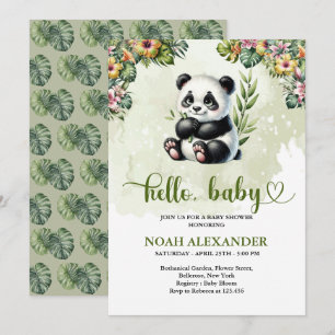 Invitation Bébé panda fleurs tropicales aquarelle