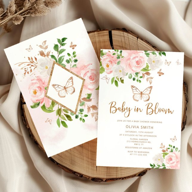 Invitation Bébé papillon en fleur baby shower doré (Créateur téléchargé)