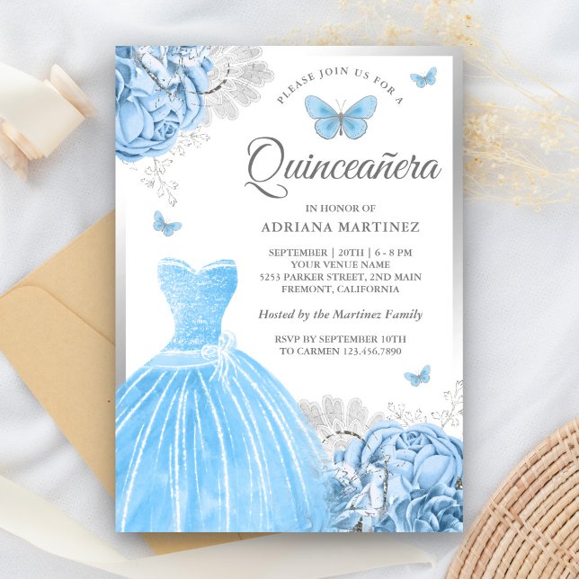 Invitation Bébé Papillon Floral Bleu Argent Quinceanera (Créateur téléchargé)