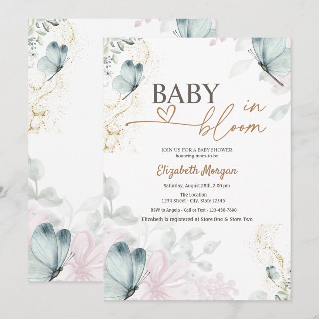 Invitation Bébé Papillons Bleus en Fleur  (Devant / Derrière)