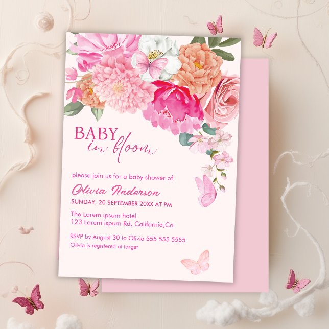 Invitation Bébé Papillons Roses en Fleur Baby Shower florale (Créateur téléchargé)