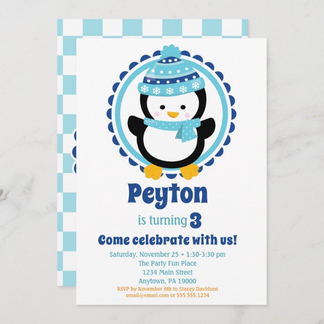 Invitation Bébé Penguin Bleu hiver fête d'anniversaire (Devant / Derrière)