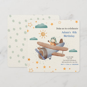 Invitation Bébé Pilote d'Avion Aquarelle Bleue et Verte 