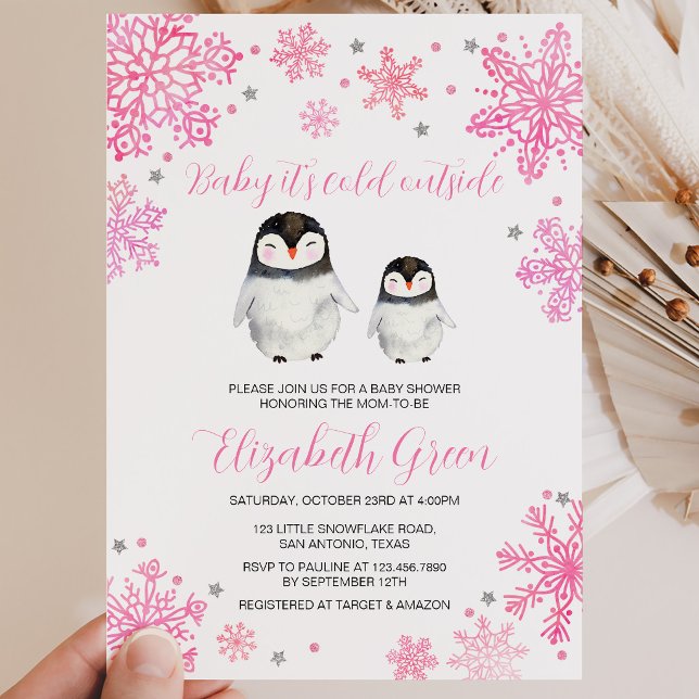 Invitation Bébé Pingouin Hiver Rose Célébration de Naissance (Créateur téléchargé)