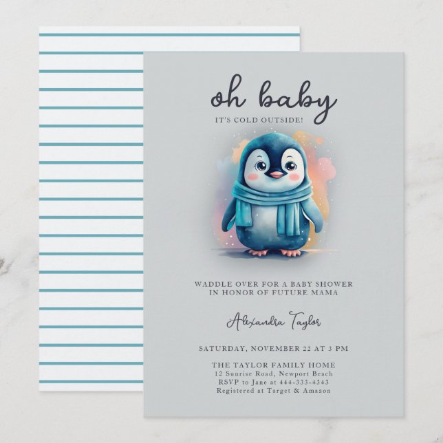 Invitation Bébé Pingouin Mignon Froid à l'Extérieur Garçon Do (Devant / Derrière)
