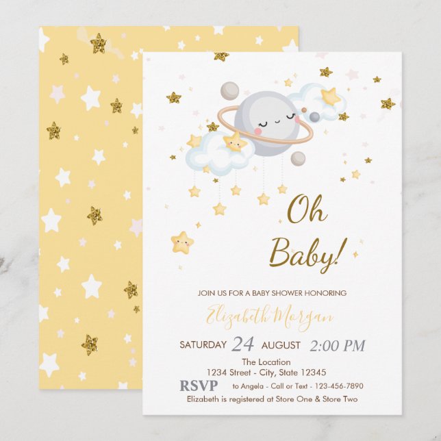 Invitation Bébé Planète Nuages Étoiles Fête de Naissance Bébé (Devant / Derrière)