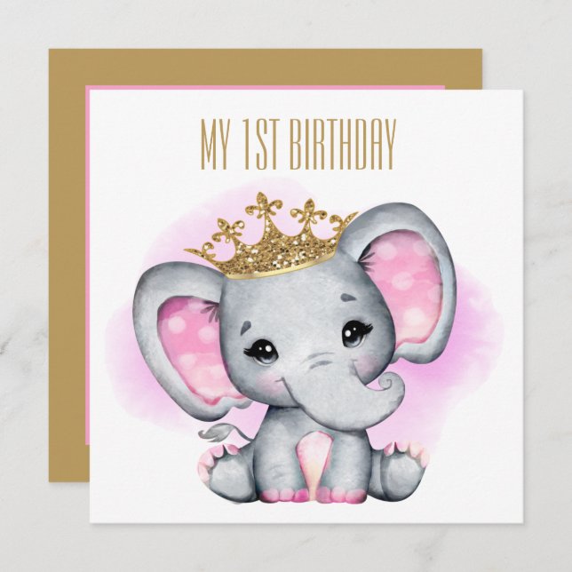 Invitation bébé premier anniversaire Princesse éléphant (Devant / Derrière)