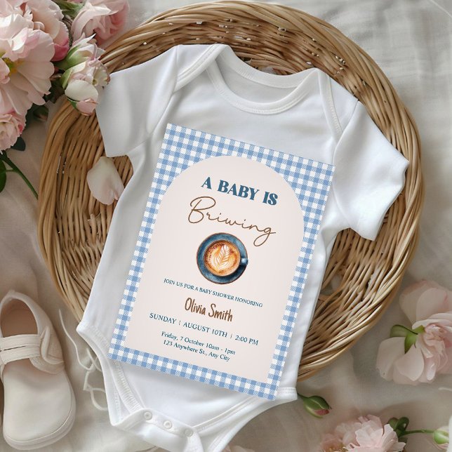 Invitation Bébé prépare du café Baby Shower Gingham Bleu (Créateur téléchargé)