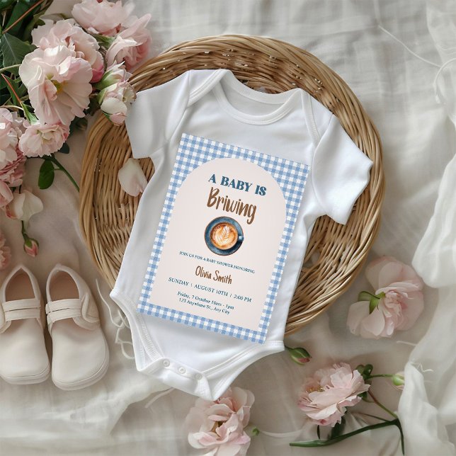 Invitation Bébé prépare du café Baby Shower Gingham Bleu (Créateur téléchargé)