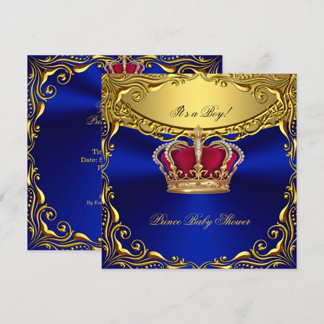 Invitation Bébé Prince Bleu Royal Fête de Naissance Rouge Roy (Devant / Derrière)