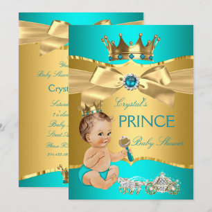 Invitation Bébé Prince Bleu Sarcelle Doré Fête Prénatale Bébé