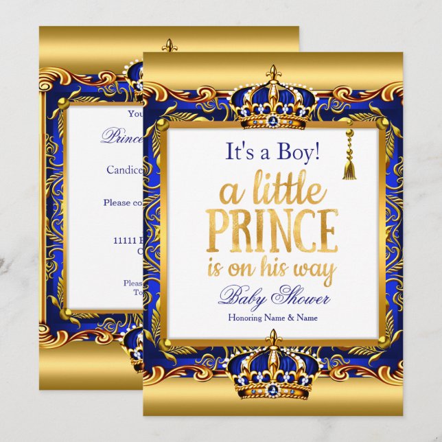 Invitation Bébé prince Cadeau Baby Shower Bleu Orné Or (Devant / Derrière)
