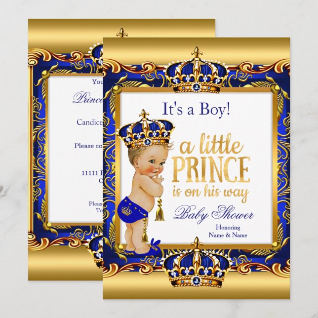 Invitation Bébé Prince Cadeau Bleu Orné Doré Blond Garçon (Devant / Derrière)