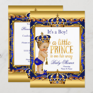 Invitation Bébé Prince Cadeau Bleu Orné Doré Blond Garçon