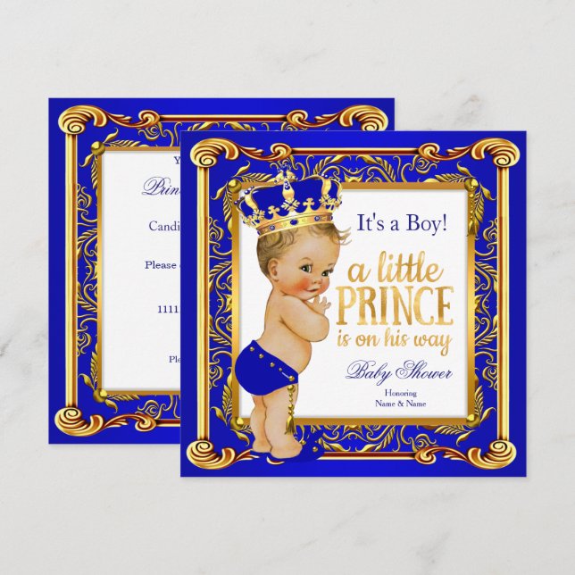 Invitation Bébé Prince Cadeau Damassé Bleu Or Garçon Blond (Devant / Derrière)