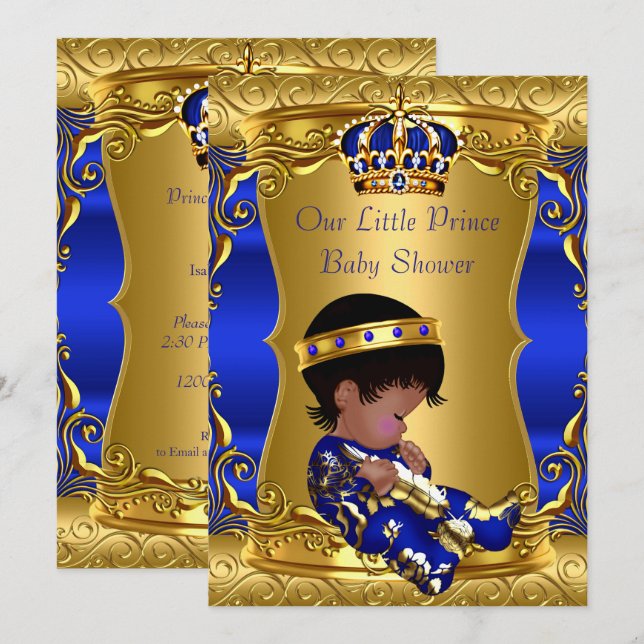 Invitation Bébé Prince Cadeau Filleul Bleu Or Afro-Américain (Devant / Derrière)