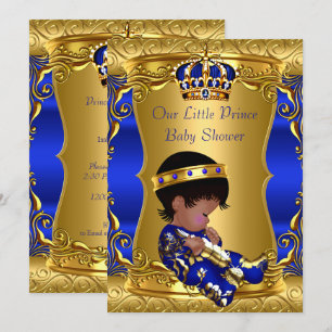 Invitation Bébé Prince Cadeau Filleul Bleu Or Afro-Américain