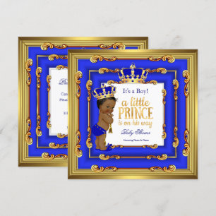 Invitation Bébé Prince Cadeau Royal Bleu Cadre Or Ethnique