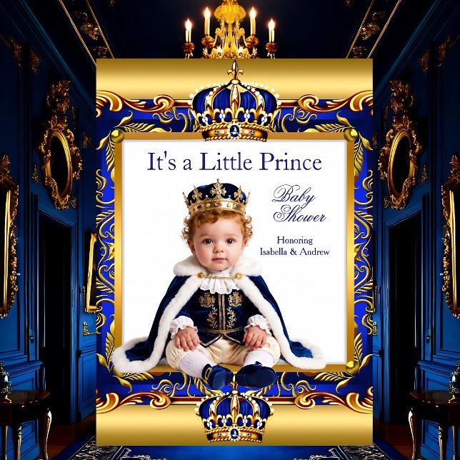 Invitation Bébé prince Cadeau Royal Bleu Orné Doré clair (Créateur téléchargé)