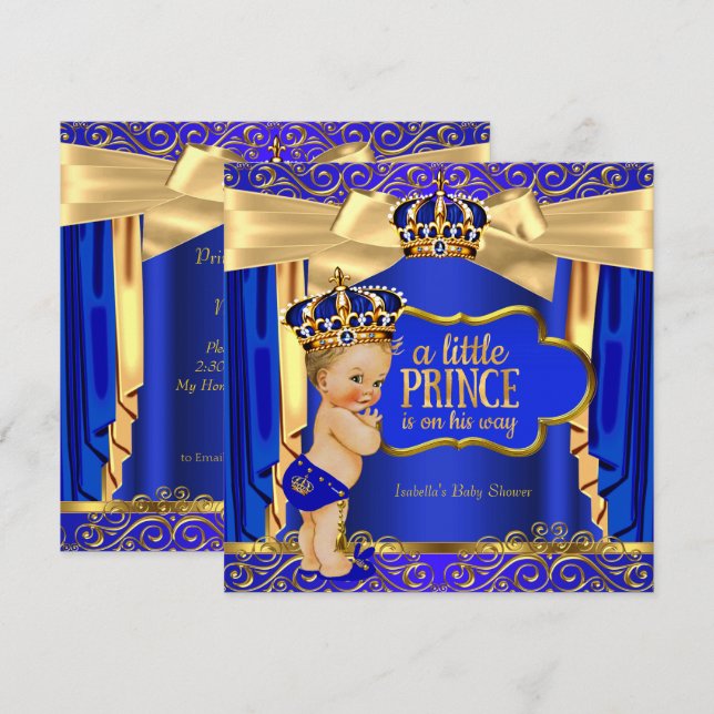 Invitation Bébé Prince Cérémonie de Naissance Rideaux Bleu Ro (Devant / Derrière)
