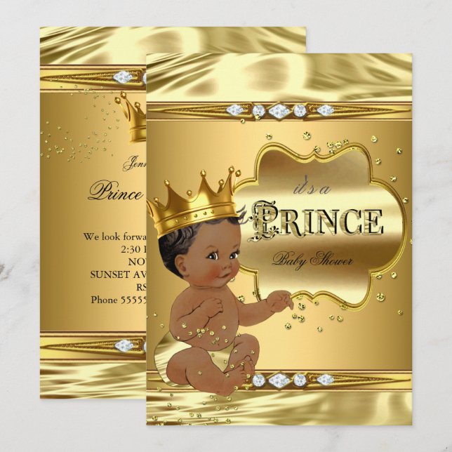 Invitation Bébé Prince Fête de Naissance Feuille d'Or Ethniqu (Devant / Derrière)