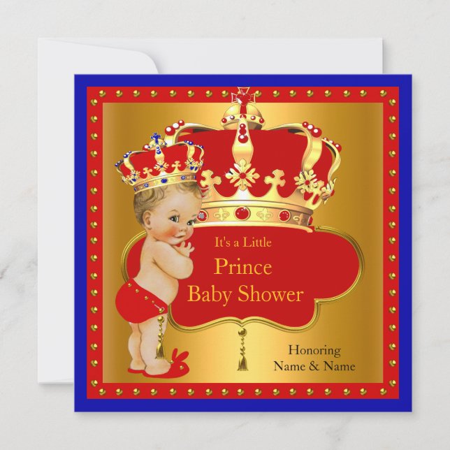 Invitation Bébé Prince Fête de Naissance Rouge Bleu Royal Cou (Devant)