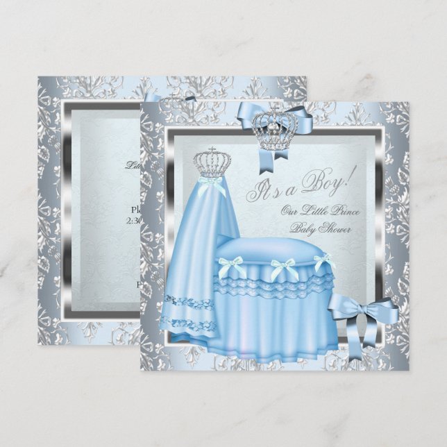 Invitation Bébé Prince Fête Prénatale Bébé Garçon Bleu Damass (Devant / Derrière)