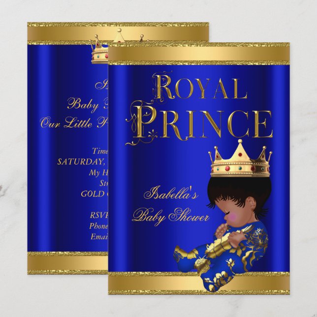 Invitation Bébé Prince Fête Prénatale Bleu Ethnique OR (Devant / Derrière)
