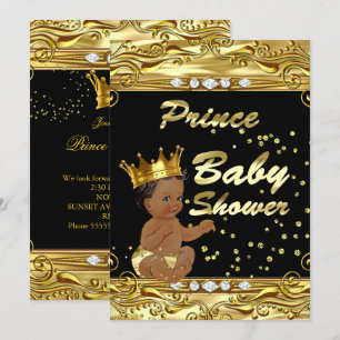Invitation Bébé Prince Fête Prénatale Noir Or Paillettes Ethn