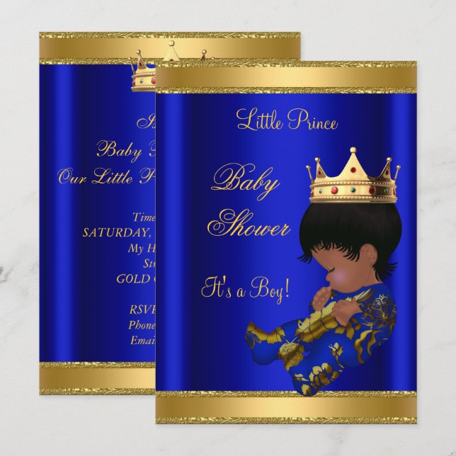 Invitation Bébé Prince Garçon Fête de Naissance Bleu Ethnique (Devant / Derrière)