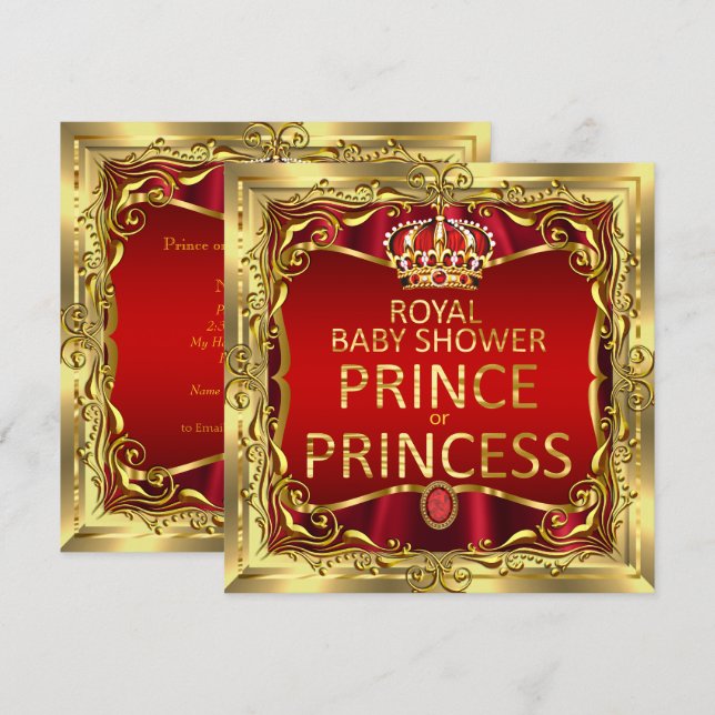 Invitation Bébé Prince ou Princesse Shower Rouge Or (Devant / Derrière)
